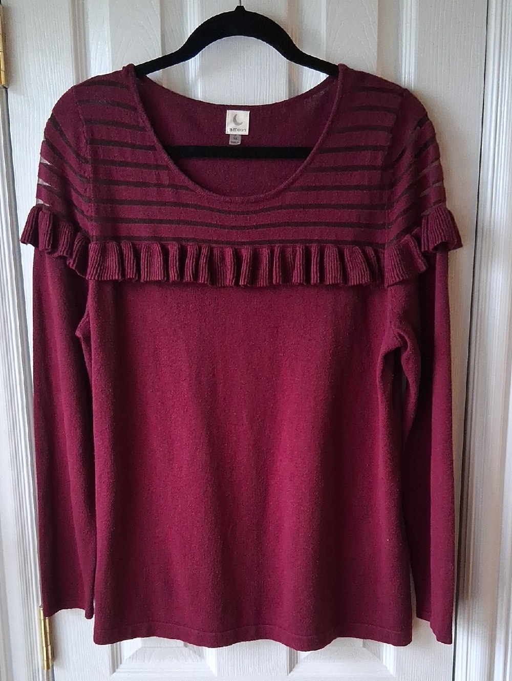 Ruffle Yoke With Sheer Strips Long Sleeve Lightweight Burgandy Wine Sweater Top